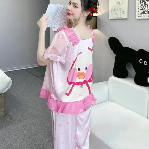 Đồ bộ quần dài áo tay ngắn cổ vuông bèo tay xếp in nhiều hình dễ thương