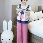 Đồ bộ quần dài áo tay ngắn cổ vuông bèo tay xếp in nhiều hình dễ thương