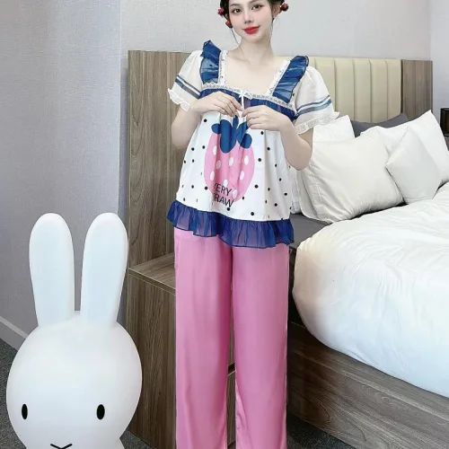Đồ bộ quần dài áo tay ngắn cổ vuông bèo tay xếp in nhiều hình dễ thương