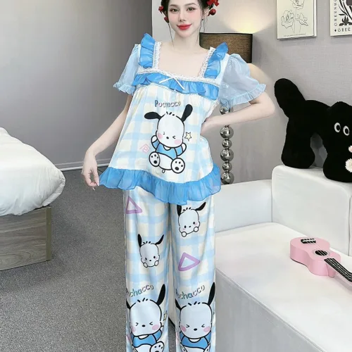 Đồ bộ quần dài áo tay ngắn cổ vuông bèo tay xếp in nhiều hình dễ thương