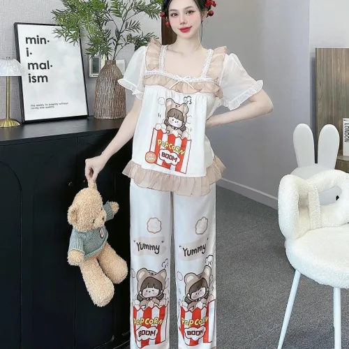 Đồ bộ quần dài áo tay ngắn cổ vuông bèo tay xếp in nhiều hình dễ thương