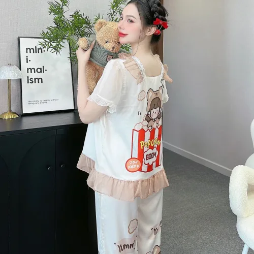 Đồ bộ quần dài áo tay ngắn cổ vuông bèo tay xếp in nhiều hình dễ thương