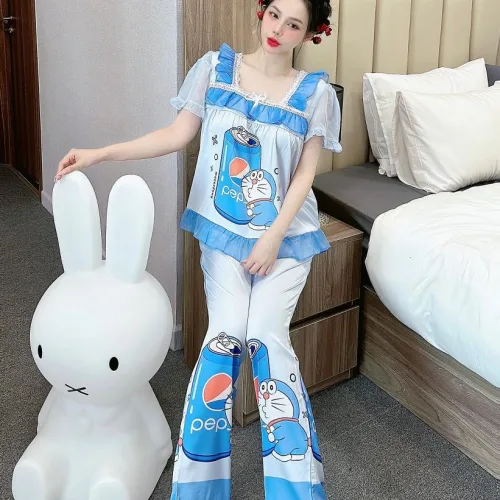 Đồ bộ quần dài áo tay ngắn cổ vuông bèo tay xếp in nhiều hình dễ thương