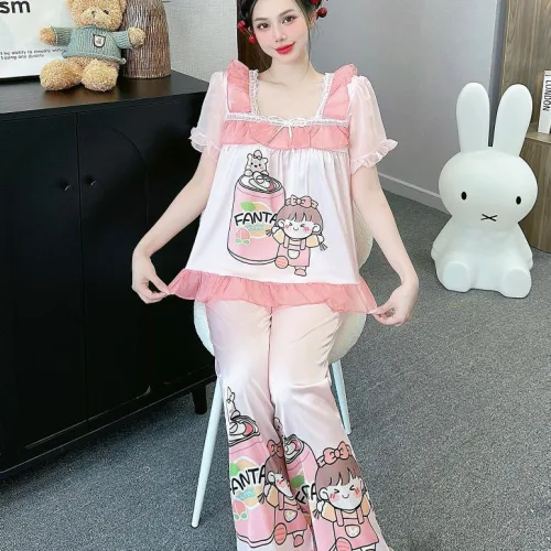 Đồ bộ quần dài áo tay ngắn cổ vuông bèo tay xếp in nhiều hình dễ thương