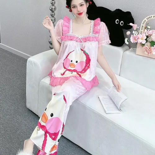 Đồ bộ quần dài áo tay ngắn cổ vuông bèo tay xếp in nhiều hình dễ thương