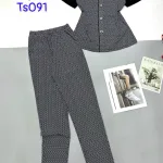 Đồ bộ quần dài áo tay ngắn cổ vuông có nút in hoạ tiết nhỏ