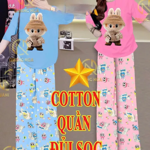 Đồ bộ quần dài áo tay ngắn cotton phối đũi sọc
