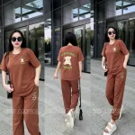 Đồ bộ quần dài áo tay ngắn in chữ và hình gấu