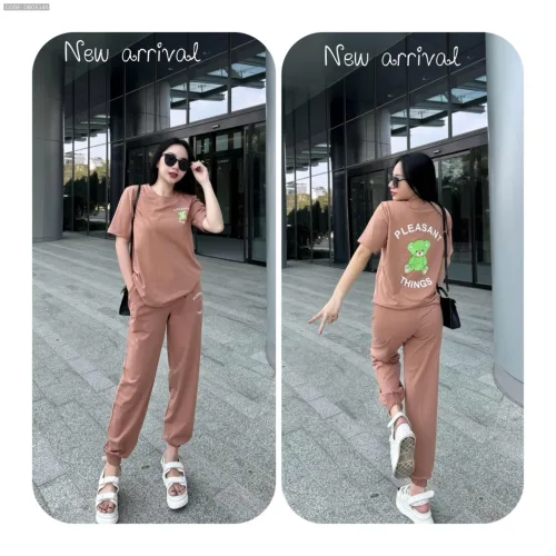 Đồ bộ quần dài áo tay ngắn in chữ và hình gấu