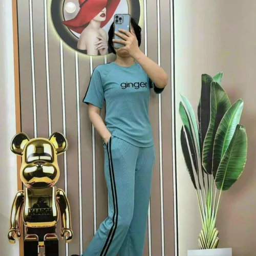 Đồ bộ quần dài áo tay ngắn quần viền 2 line in chữ ginger