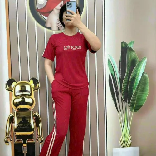 Đồ bộ quần dài áo tay ngắn quần viền 2 line in chữ ginger