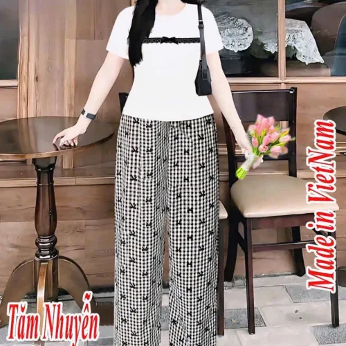 Đồ bộ quần dài áo tay ngắn tăm nhuyễn phối sọc cotton