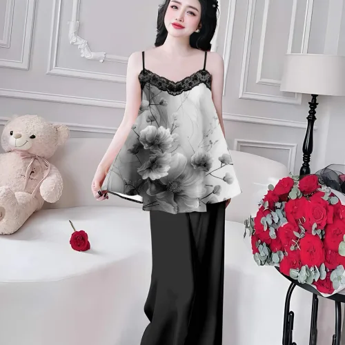 Đồ bộ quần dài áo yếm ren cổ nhiều hoạ tiết