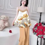 Đồ bộ quần dài áo yếm ren cổ nhiều hoạ tiết