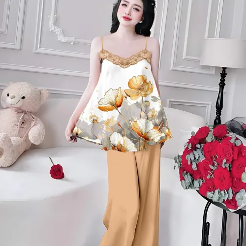 Đồ bộ quần dài áo yếm ren cổ nhiều hoạ tiết
