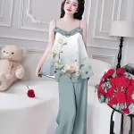 Đồ bộ quần dài áo yếm ren cổ nhiều hoạ tiết