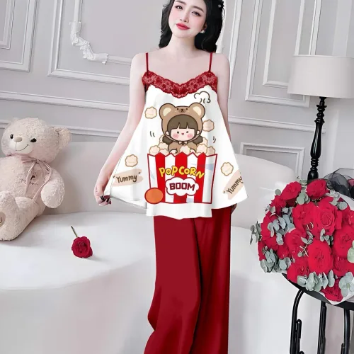 Đồ bộ quần dài áo yếm ren cổ nhiều hoạ tiết