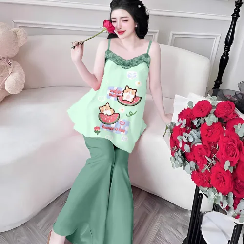 Đồ bộ quần dài áo yếm ren cổ nhiều hoạ tiết
