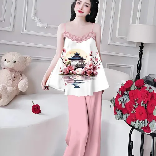 Đồ bộ quần dài áo yếm ren cổ nhiều hoạ tiết