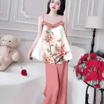 Đồ bộ quần dài áo yếm ren cổ nhiều hoạ tiết