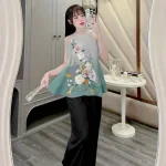 Đồ bộ quần dài áo yếm vải tonl in nhiều hình sang trọng