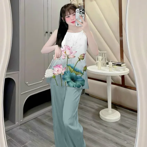Đồ bộ quần dài áo yếm vải tonl in nhiều hình sang trọng