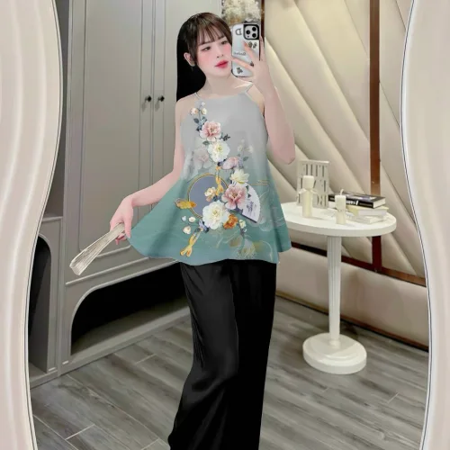 Đồ bộ quần dài áo yếm vải tonl in nhiều hình sang trọng