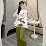 Đồ bộ quần dài áo yếm vải tonl in nhiều hình sang trọng