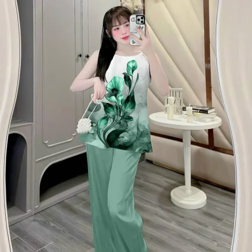 Đồ bộ quần dài áo yếm vải tonl in nhiều hình sang trọng