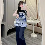 Đồ bộ quần dài áo yếm vải tonl in nhiều hình sang trọng