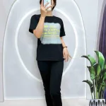 Đồ bộ quần dài bo thun áo tay ngắn in bảng chữ