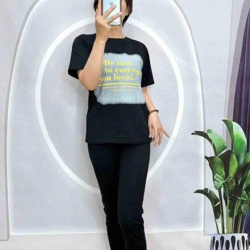 Đồ bộ quần dài bo thun áo tay ngắn in bảng chữ