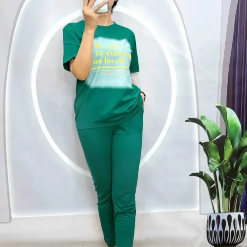 Đồ bộ quần dài bo thun áo tay ngắn in bảng chữ