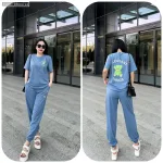 Đồ bộ quần dài bo thun áo tay ngắn in hình gấu