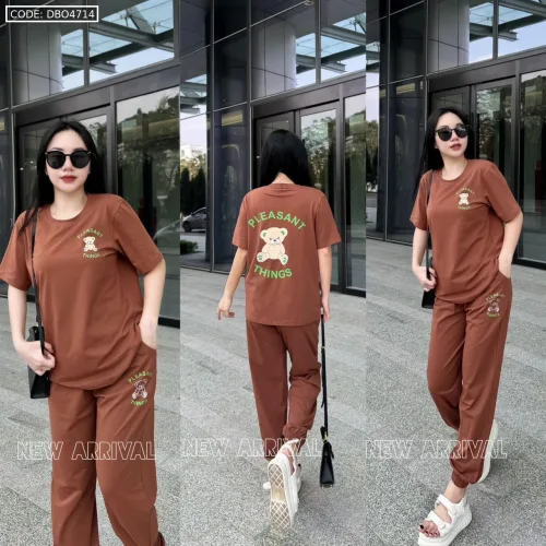 Đồ bộ quần dài bo thun áo tay ngắn in hình gấu