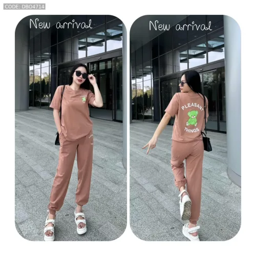 Đồ bộ quần dài bo thun áo tay ngắn in hình gấu