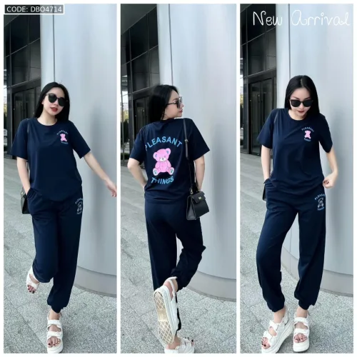 Đồ bộ quần dài bo thun áo tay ngắn in hình gấu