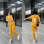 Đồ bộ quần dài bo thun áo tay ngắn in hình gấu