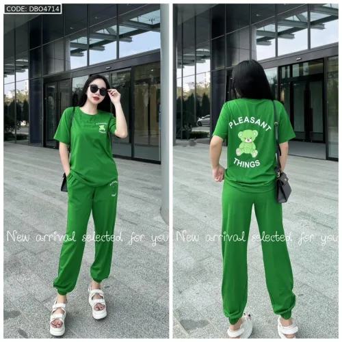 Đồ bộ quần dài bo thun áo tay ngắn in hình gấu