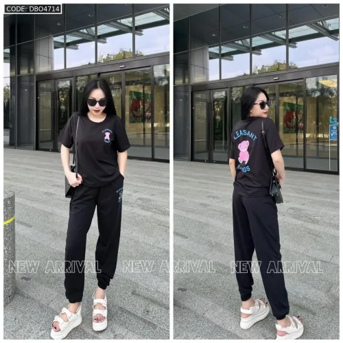 Đồ bộ quần dài bo thun áo tay ngắn in hình gấu