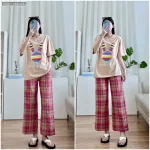 Đồ bộ quần dài caro áo tay ngắn in đầu thỏ màu