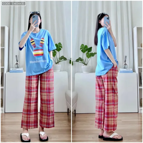 Đồ bộ quần dài caro áo tay ngắn in đầu thỏ màu