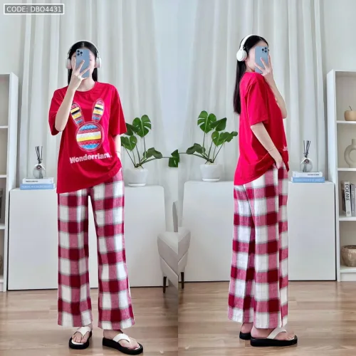 Đồ bộ quần dài caro áo tay ngắn in đầu thỏ màu