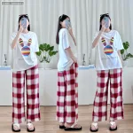 Đồ bộ quần dài caro áo tay ngắn in đầu thỏ màu
