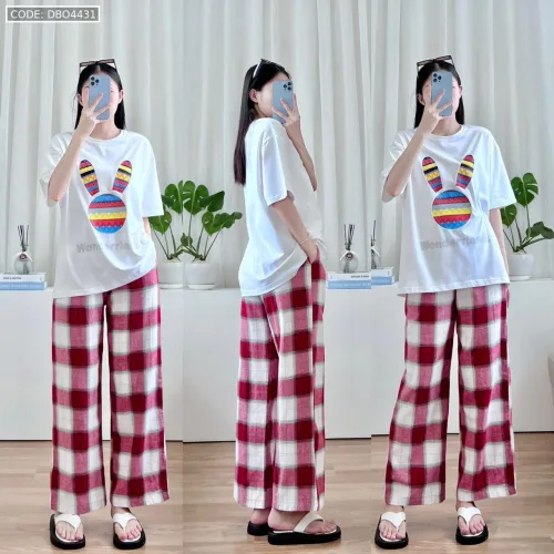 Đồ bộ quần dài caro áo tay ngắn in đầu thỏ màu