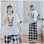 Đồ bộ quần dài caro áo tay ngắn in đầu thỏ màu
