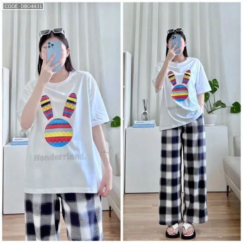 Đồ bộ quần dài caro áo tay ngắn in đầu thỏ màu