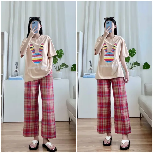 Đồ bộ quần dài caro áo tay ngắn in đầu thỏ màu
