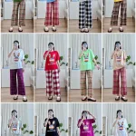 Đồ bộ quần dài caro áo tay ngắn in đầu thỏ màu