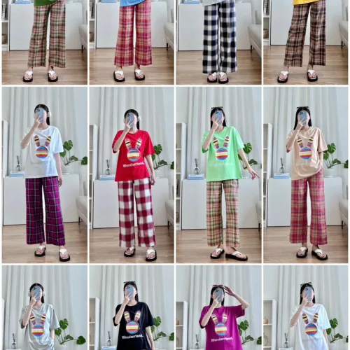 Đồ bộ quần dài caro áo tay ngắn in đầu thỏ màu